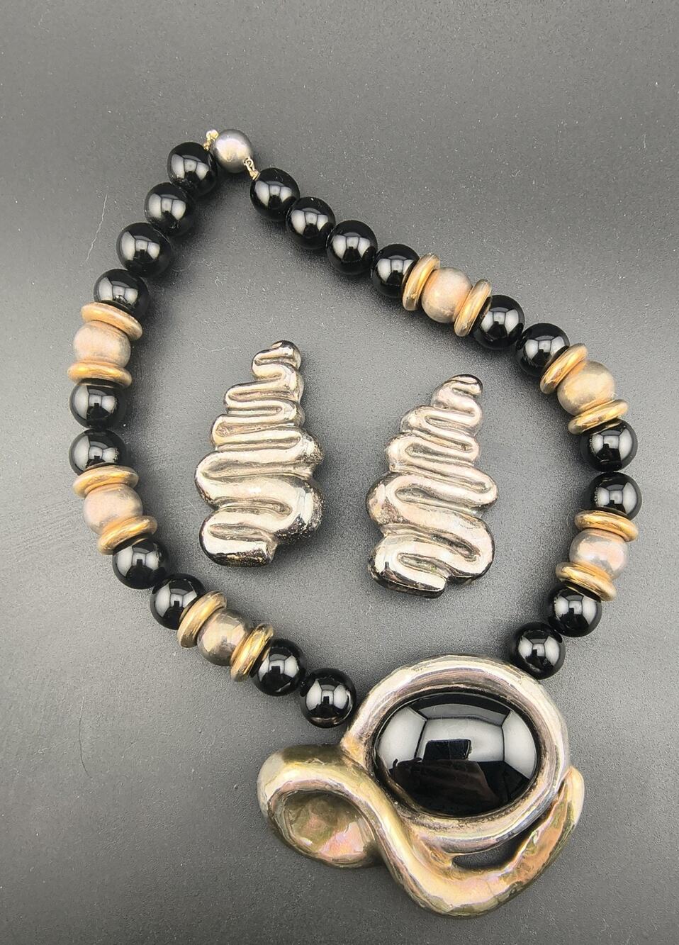 Vintage Israeli GLW 925 Sterling Modernist Onyx Convertible Necklace Set
